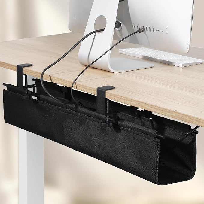 MAXECHO Under Desk Cable Management Tray 28" - Clamp on Wire and Cable Organizer for Storage and to Hide Cords - Ideal for Home Office - Premium Black Fabric Design