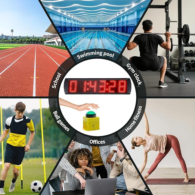 5 Inch 6-Digit LED Race Timer, Running Event Gym Timer for Countdown/Count Up, 12/24 Hour Real Time, Stopwatch with Remote Control, Portable Large Wall Clock(Button+Tripod)