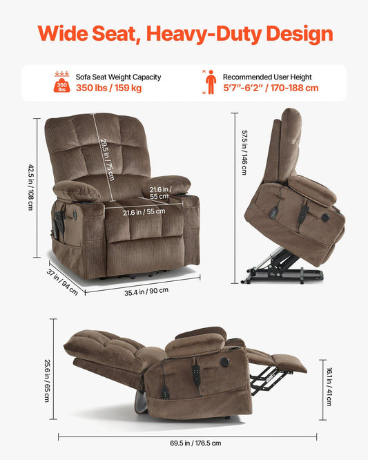 Power Lift Recliner Chair, Dual Motor, Large Electric Lift Chair with Heat and Massage for Elderly, Infinite Position Adjustment, Velvet Fabric, with Side and Front Pockets, Cup Holders, Brown