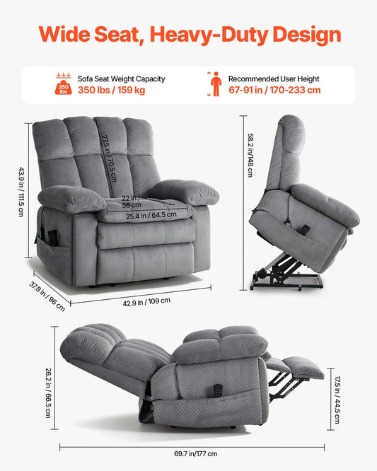 Power Lift Recliner Chair, Dual Motor, Oversized Electric Lift Chair with Heat and Massage, Infinite Position Adjustment, Chenille Fabric, with Side Pockets, Cup Holders, Light Gray