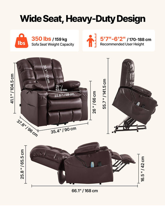 Power Lift Recliner Chair, Triple-Motor, Large Electric Lift Chair with Heat and Massage for Elderly, Infinite Position Adjustment, Leather Surface, with Storage Pockets and Cup Holders, Brown