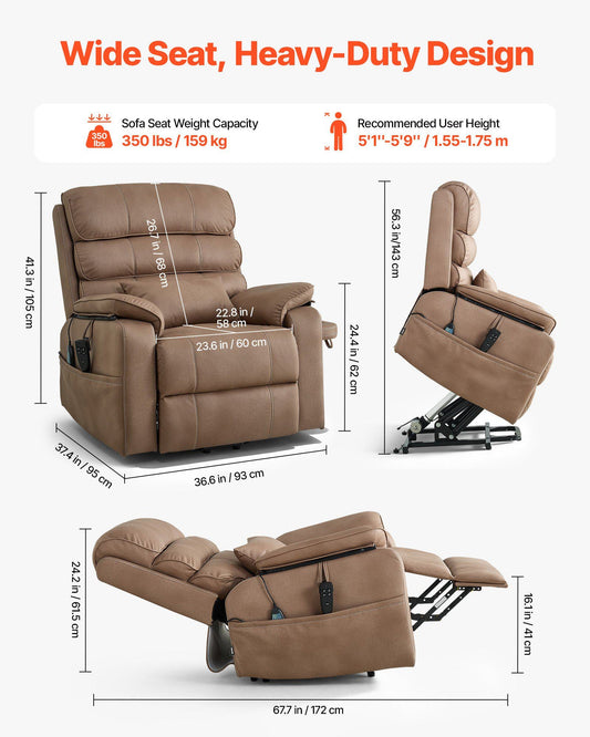 Power Lift Recliner Chair, Dual Motor, Medium Wide Electric Lift Chair with Heat and Massage, Infinite Position Adjustment, Leather Surface, with Storage Pocket, Cup Holder, Brown