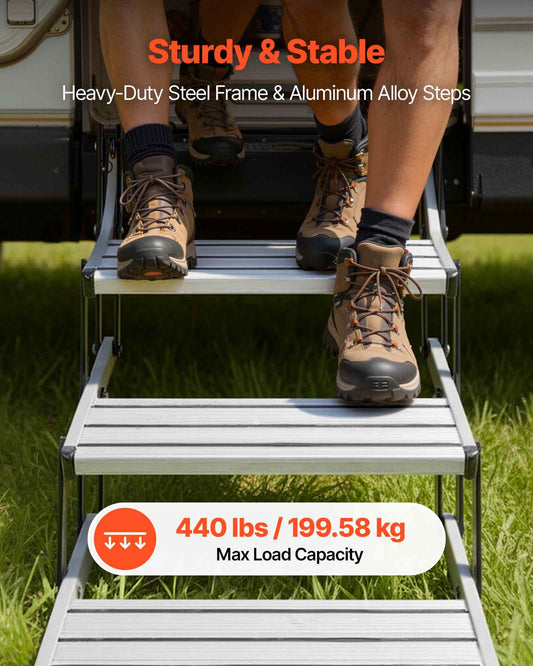 RV Steps, 3-Step, 440 lbs Load Capacity, Manual Retractable RV Stairs, Telescopic Folding Aluminum Alloy Camper Steps, Steel Frame Non-Slip Entry Stairs for Camper Van Motorhome Travel Trailer
