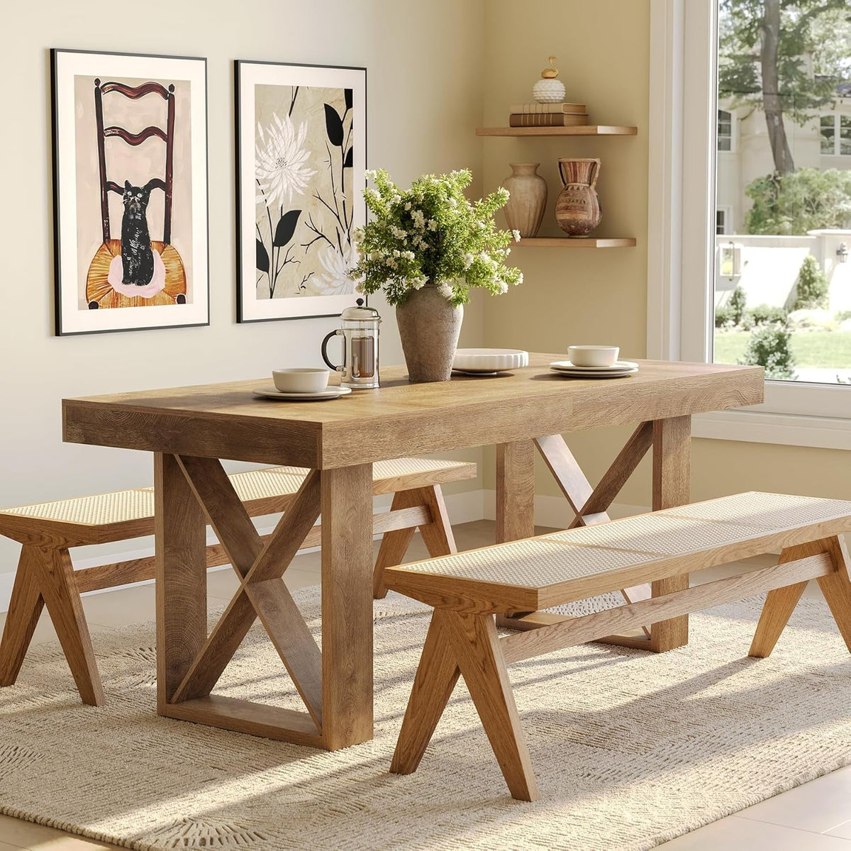 63-Inch Rectangle Dining Table for 4-6 People, Farmhouse Thick Appearance Design, Rectangular Kitchen Dinner Table for Home, Rustic Yellowish Brown