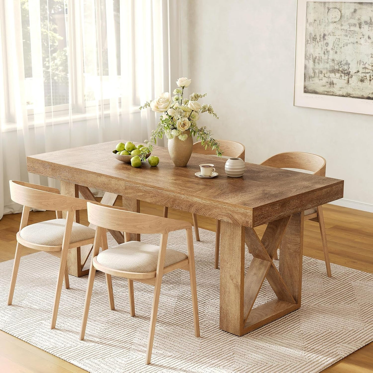 63-Inch Rectangle Dining Table for 4-6 People, Farmhouse Thick Appearance Design, Rectangular Kitchen Dinner Table for Home, Rustic Yellowish Brown