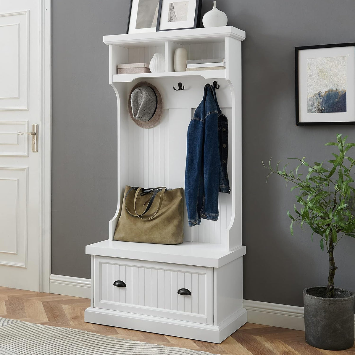 Shoreline Hall Tree with Storage Cabinets and Coat Rack Hooks for Hanging, White
