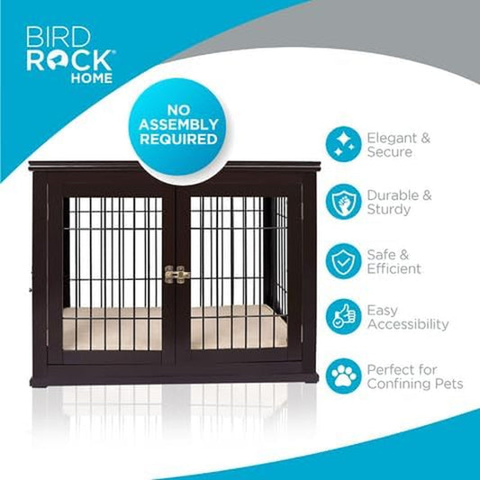 Internet'S Best Decorative Dog Kennel with Pet Bed | Double Door | Wooden Wire Dog House | Large Indoor Pet Crate Side Table | Espresso