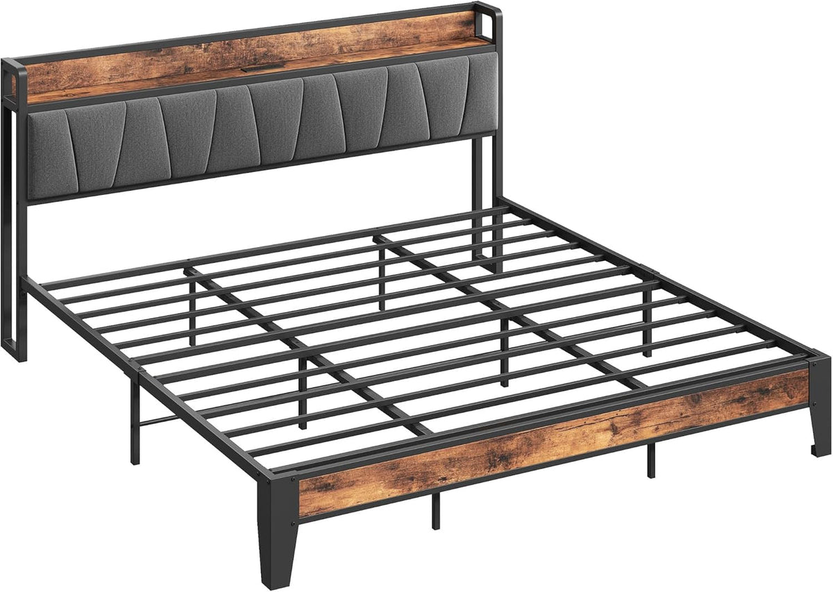 King Size Bed Frame, Storage Headboard with Charging Station, Solid and Stable, Noise Free, No Box Spring Needed, Easy Assembly