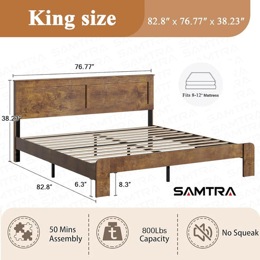 Wooden Bed Frame King Size with Headboard, Farmhouse Platform Bedframe with Wood Slat Support, Sturdy Framework Bed Frame, Easy Assembly (Rustic Brown)
