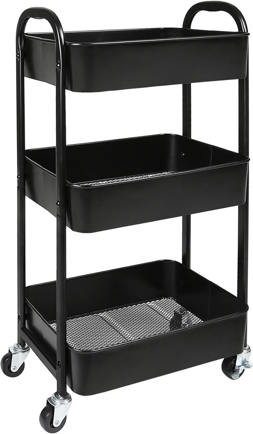 3-Tier Rolling Utility Cart with Caster Wheels,Easy Assembly, for Kitchen, Bathroom (Black)