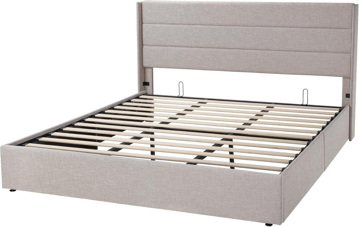 King Size Lift up Storage Bed, Modern Wingback Headboard, Hydraulic Support, No Box Spring Needed, Light Beige