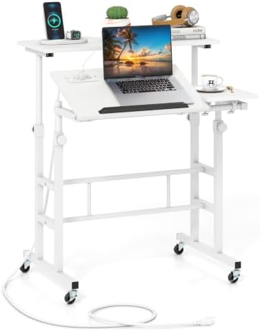 GIANTEX Mobile Standing Desk, Height Adjustable Stand Up Table with Wheels & Tilting Tabletop, Rolling Laptop Cart Computer Workstation for Standing or Sitting, Home Office Sit Stand Desk (White)