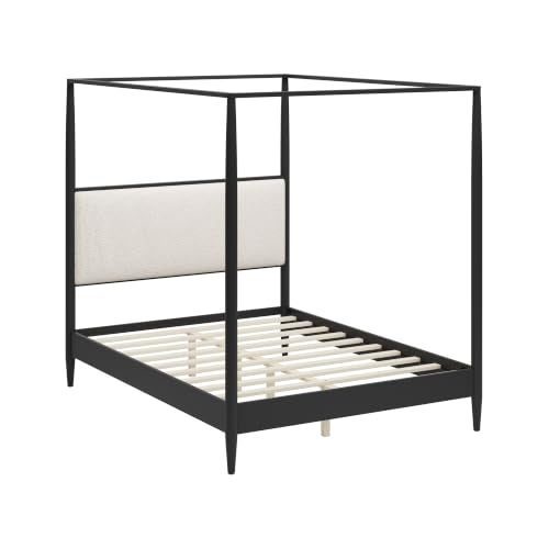 Queen Size Wood Canopy Bed with Upholstered Headboard, Black