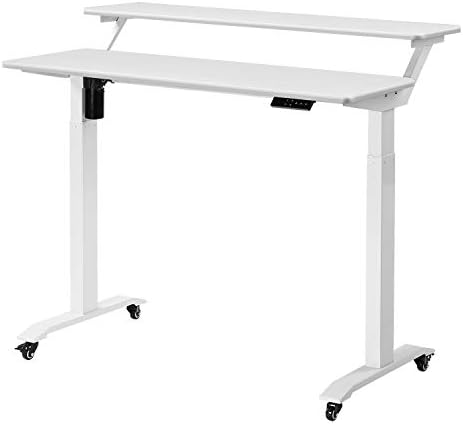 UNICOO Electric Height Adjustable 2-Tier Raising Desk with Wheels, Mobile Standing Desk with Monitor Stand, Ergonomic Adjustable Computer Table, Electric Standing Game Table for Home Office