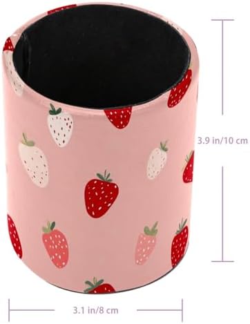 Leather Pen Holder for Desk, Cute Strawberries Print Pencil Cup Pen Organizer Makeup Brush Holder for Office Home Kids Countertop Desk Accessory Storage