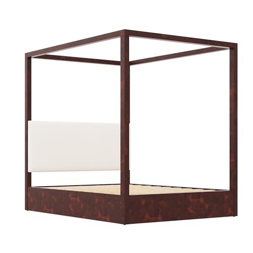 Queen Size Canopy Bed Frame with Upholstered Headboard,Solid Wood Floor Four Poster Platform Bed Frame with Slat Support,No Box Spring Needed,Easy Assembly,Espresso