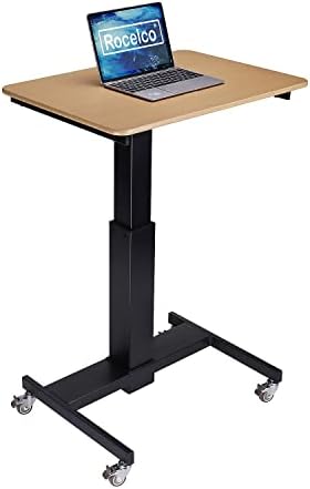 Rocelco 28" Height Adjustable Mobile School Standing Desk - Quick Sit Stand Up Home Computer Workstation - Gas Spring Assist Office Laptop Riser Cart - Wood Grain (R MSD-28)