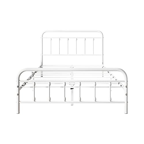 Full Size Bed Frame with Headboard and Footboard Vintage Metal White