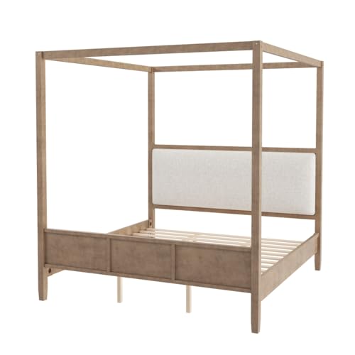 Canopy Bed King Size with Upholstered Headboard, Footboard, Natural