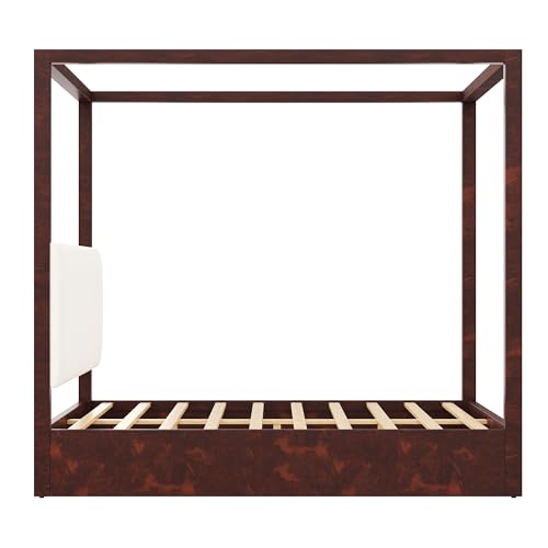 Queen Size Canopy Bed Frame with Upholstered Headboard,Solid Wood Floor Four Poster Platform Bed Frame with Slat Support,No Box Spring Needed,Easy Assembly,Espresso