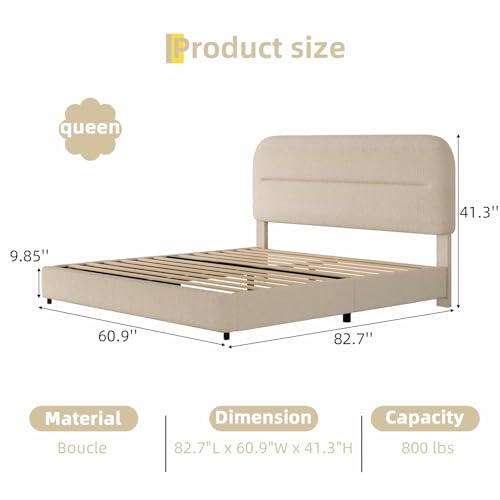 Queen Size Cloud Bed Frame, Beige Plush Boucle Upholstered Bed