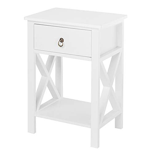 Bonnlo White End Side Table Nightstand Bedside Table with Drawer and Storage Shelf