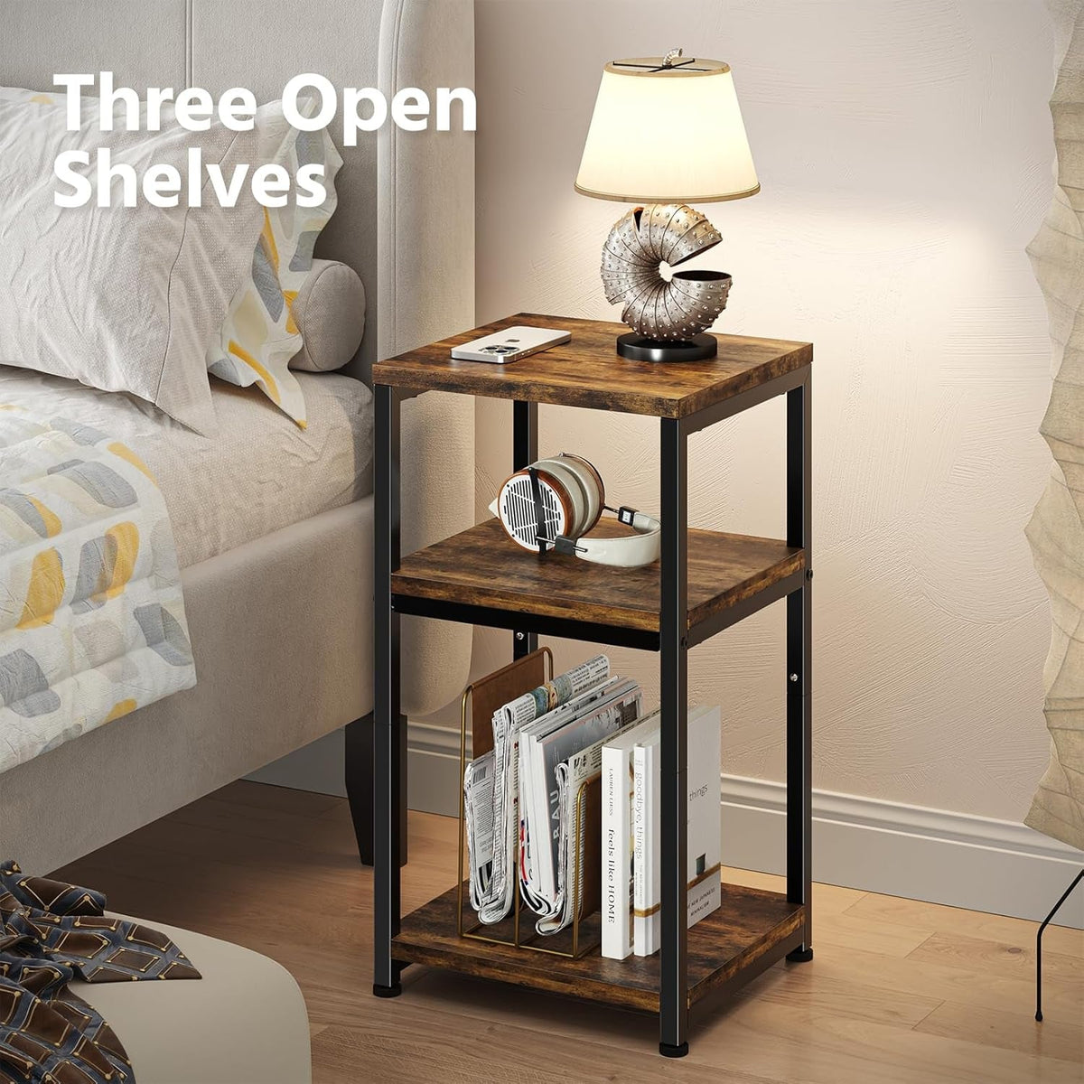3 Tier Side Table, End Table Night Stand Sofa Table Shelf for Living Room, Rustic Brown
