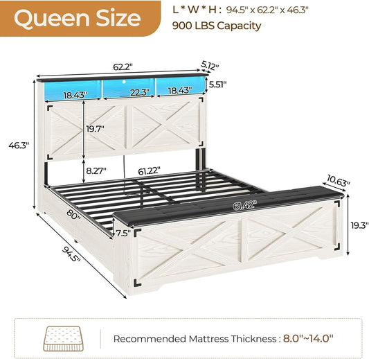 Farmhouse Queen Bed Frame with Storage Headboard, Charging Station and LED Lights Queen Size Platform Bed Frame with Storage Ottoman, Metal Slats Support, No Box Spring Needed, Antique White