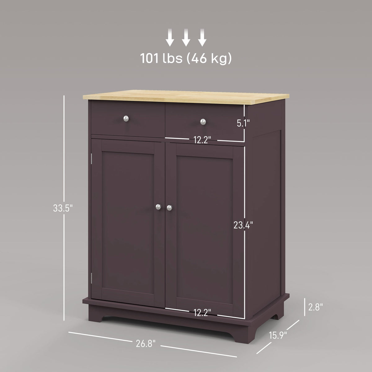 Kitchen Storage Cabinet, Sideboard Floor Cupboard with Solid Wood Top, Adjustable Shelf, and 2 Drawers, Coffee