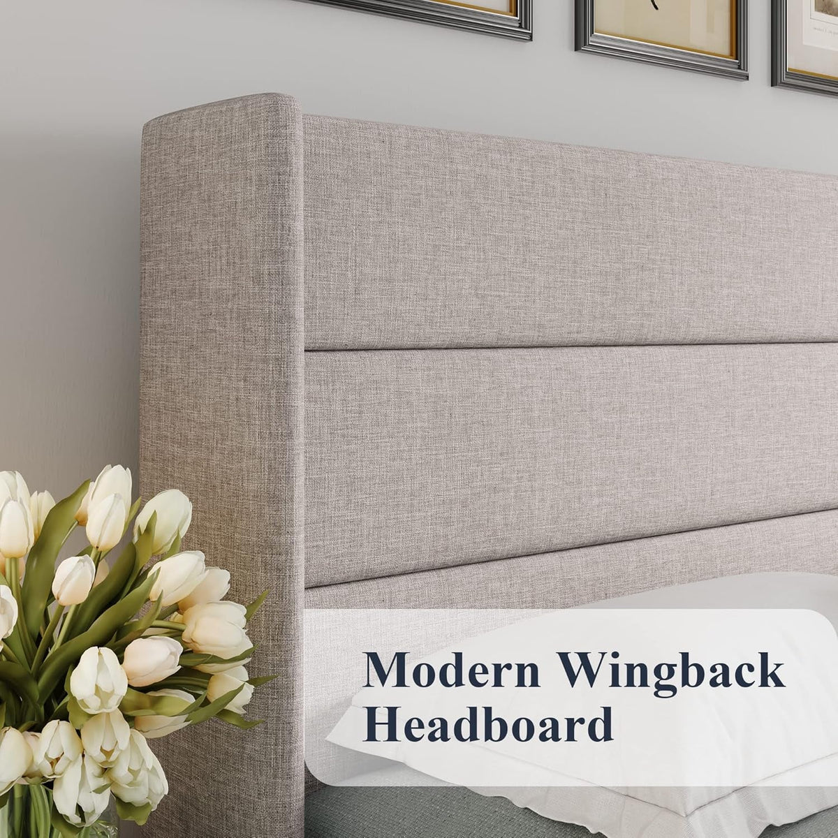 King Size Lift up Storage Bed, Modern Wingback Headboard, Hydraulic Support, No Box Spring Needed, Light Beige