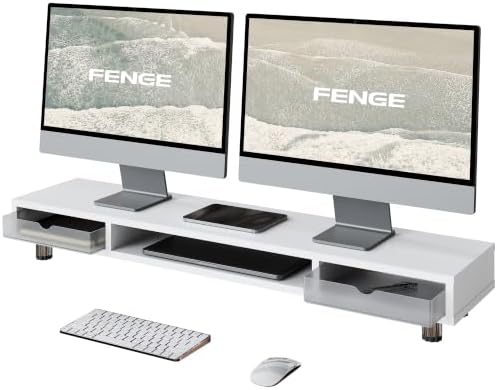 Fenge Dual Monitor Riser with 2 Drawers, 42.5in Long Desk Shelf, White