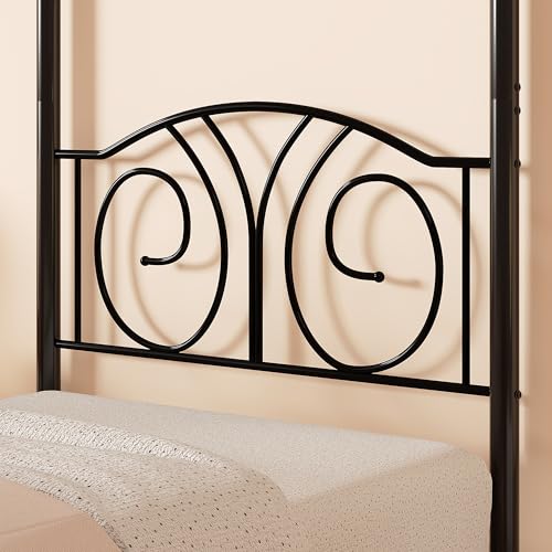 Twin Canopy Bed Frame, Vintage Scrollwork Headboard, Matte Black