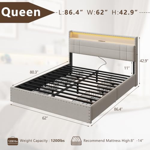 Queen Bed Frame with 4 Drawers & Storage Headboard, Beige