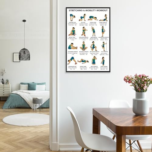 Stretching & Mobility Workout Poster, 16 Illustrated Full-Body Flexibility Chart with Hold Timing Guides, Bodyweight Daily Stretch Reference for Post-Workout Recovery & Joint Mobility Improvement(8x12inchs，Wrapped Framed)