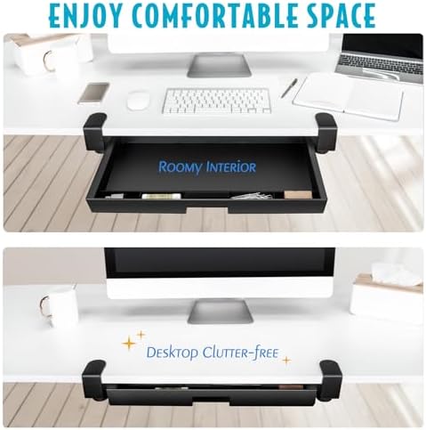 EHO Under Desk Slide-Out Storage Drawer, Large 20" x 11.8" Clamp-On Pull-Out Organizer with Adjustable Height, Space-Saving Tray for Office Supplies and Accessories, TAA-Compliant