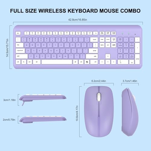 Wireless Keyboard and Mouse Combo, Full Size Silent Ergonomic Keyboard and Mouse, Long Battery Life, Optical Mouse, 2.4G Lag-Free Cordless Mice Keyboard for Computer, Mac, Laptop, PC, Windows(Purple)