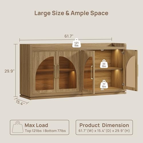 Sideboard Buffet Cabinet with Storage, LED Lights, Arch Glass Doors