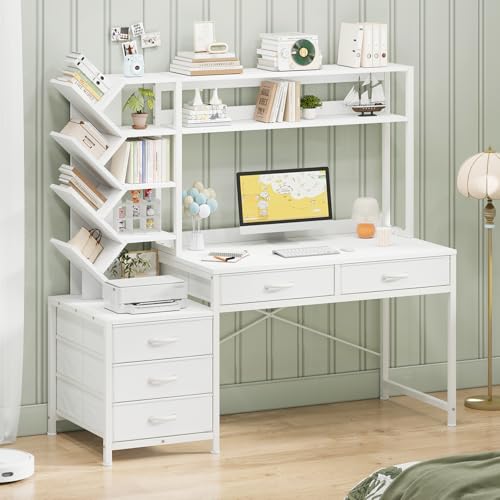 52" Computer Desk with Bookshelf, 5 Drawers ＆ Hutch for Bedroom