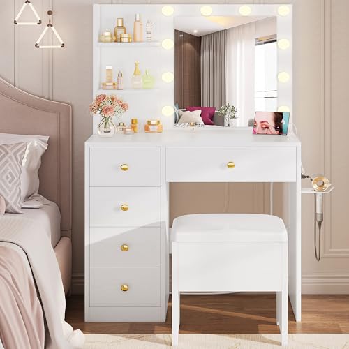 Vanity Desk with Mirror and Lights, White