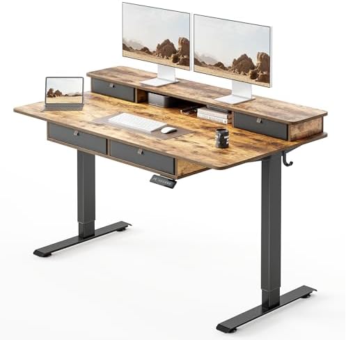 FEZIBO 55 x 30 inch Standing Electric Desk with Drawers, Rustic Brown
