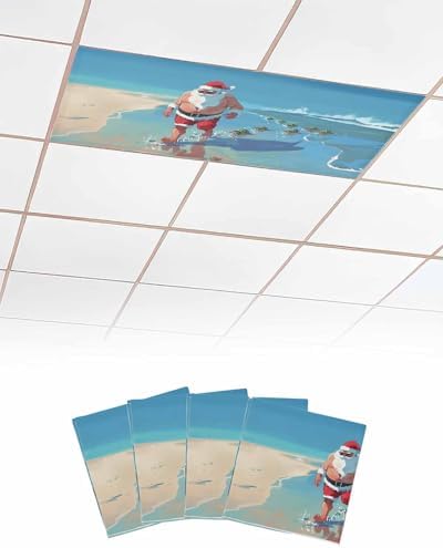 Beach Christmas Magnetic Fluorescent Light Covers for Ceiling Lights 2 x 4 Feet,Coastal Ocean Turtle Santa Claus Blue Office Classroom Kitchen Drop Ceiling Light Covers Filters Shade Panel 4 Packs