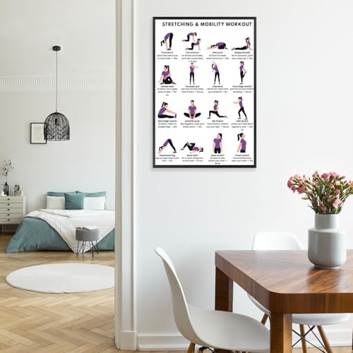 Stretching & Mobility Workout Poster, 16 Illustrated Full-Body Flexibility Chart with Timed Hold Guides, Bodyweight Daily Stretch Reference for Desk Soreness & Post-Workout Joint Recovery(20x30inchs，Black Framed)