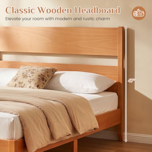 Full Size Wooden Bed Frame with Slatted Headboard (Warm Brown)