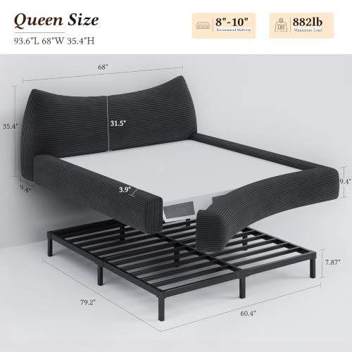 Queen Corduroy Cloud Bed Frame with Cat-Ear Design, Black