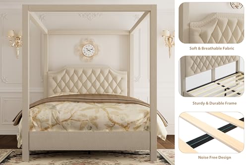 Upholstered King Size Bed Frame with Canopy Poles and Headboard