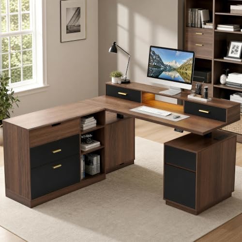 ModernMate 63" L Shaped Electric Standing Desk with 6 Drawers File Cabinet