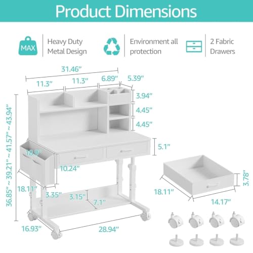 White Kids Desk with Hutch, Height Adjustable 32" Small Study Table