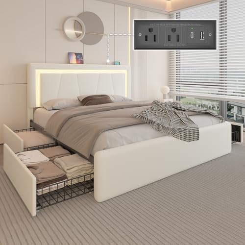 Full Size Bed Frame with 4 Storage Drawers, LED Light, White Upholstered