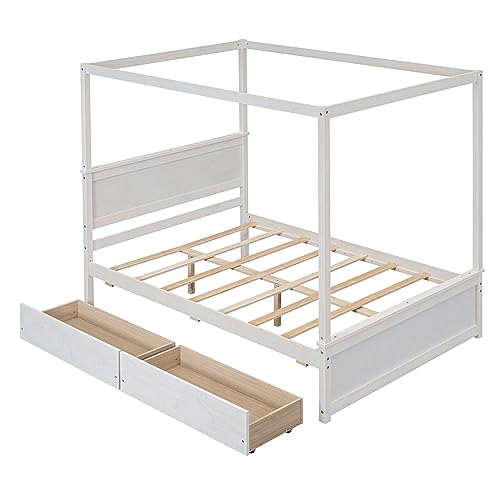 GDFStudio Full Size Canopy Bed Frame with 2 Storage Drawers, Solid Pine Wood Platform Bed Frame Full Size with Headboard Slat Support, Canopy Full Size Bed Frame, No Box Spring Needed, Brushed White