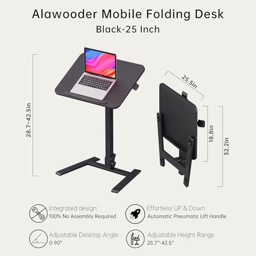 25" Mobile Folding Desk: Pneumatic Sit-Stand, No Assembly